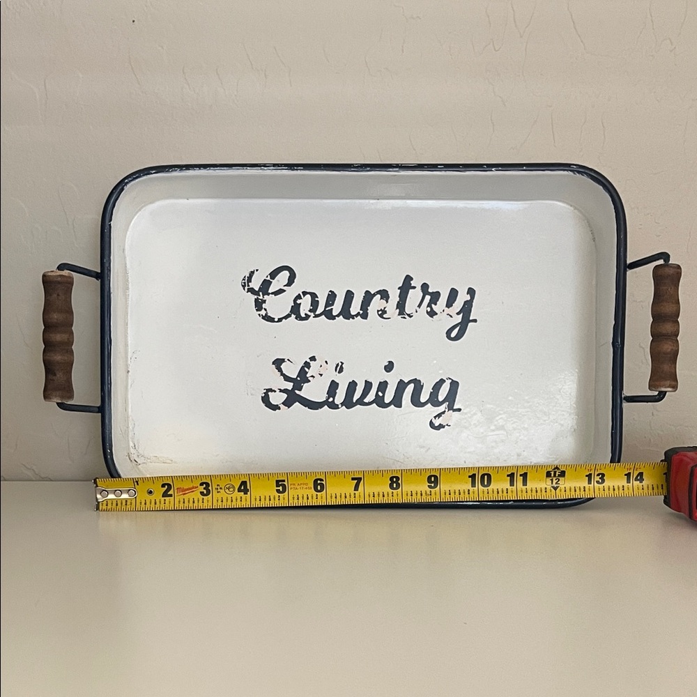 Country Living White Tray with Navy trim and Wooden Handles